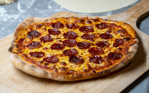 Pepperoni pizza with a golden, crisp crust
