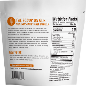 Modern Mountain Non-Diastatic Malt Powder 7 oz pouch - back, nutrition facts and how to use