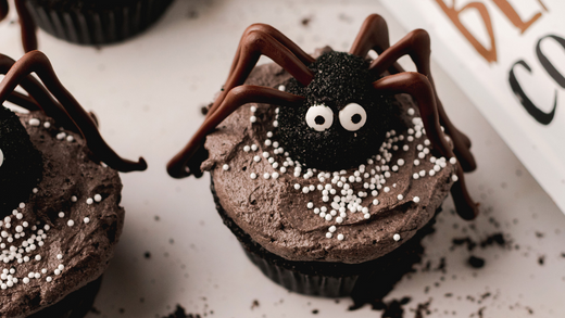A fun Halloween spider cupcake made with Modern Mountain Black Cocoa Powder