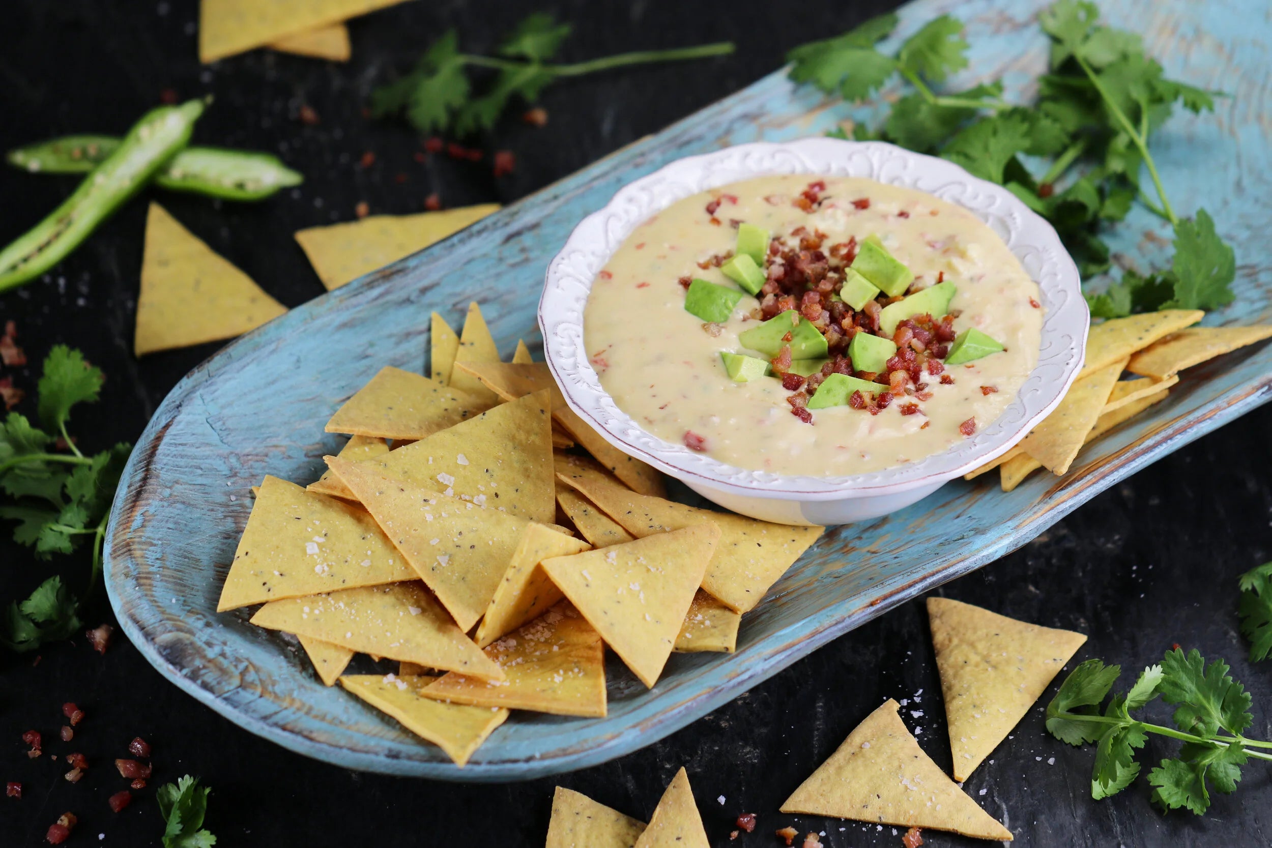 Low Carb Lupin Tortilla Chips with Spicy Pancetta Queso