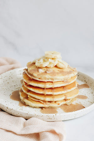 Short stack of fluffy malted pancakes