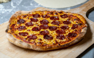 Pepperoni pizza with a golden, crisp crust